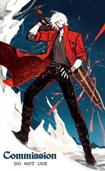 1boy belt_buckle bishounen black_gloves black_pants boots brown_boots buckle coat commission dante_(devil_may_cry) devil_may_cry_(series) devil_may_cry_5 fingerless_gloves gloves hand_on_own_hip hashtag-only_commentary highres holding holding_sword holding_weapon hong_990 male_focus over_shoulder pale_skin pants rebellion_(sword) red_coat solo sword sword_over_shoulder weapon weapon_over_shoulder white_hair