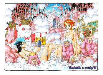 2girls bath black_hair book bra bubble_bath censored convenient_censoring cowboy_hat crown hat highres lingerie monkey multiple_girls nami_(one_piece) nico_robin non-web_source nude oda_eiichirou official_art one_piece onsen open_book orange_hair panda pink_theme reading sword tattoo treasure treasure_chest underwear weapon