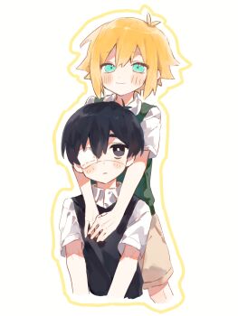 2boys antenna_hair basil_(faraway)_(omori) basil_(omori) black_eyes black_hair black_sweater_vest blonde_hair blue_eyes blush closed_mouth collared_shirt double-parted_bangs eyepatch green_sweater_vest hair_between_eyes hands_on_another&#039;s_chest highres looking_at_viewer makucrp male_focus multiple_boys omori outline shirt short_hair short_sleeves sidelocks simple_background smile spoilers sunny_(omori) sweater_vest white_background white_shirt yellow_outline