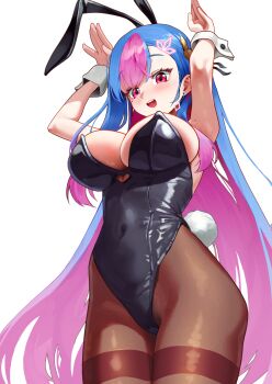 1girl absurdres animal_ears armpits arms_up bing_hayu blue_hair breasts brown_hiphighs colored_inner_hair covered_navel cowboy_shot earrings fake_animal_ears fake_tail from_below hashtag-only_commentary highres hiphighs jewelry kogooma large_breasts leotard long_hair looking_down luvdia mole mole_under_eye multicolored_hair open_mouth parted_bangs pink_eyes pink_hair playboy_bunny rabbit_ears rabbit_pose rabbit_tail simple_background solo standing strapless strapless_leotard streaked_hair tail thighband_hiphighs two-tone_hair very_long_hair virtual_youtuber white_background white_wrist_cuffs wrist_cuffs