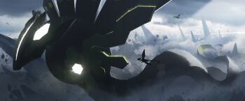1girl absurdres asteroid_ill bat_(animal) black_skin bow_(weapon) branch cherry_blossoms claws cloud cloudy_sky colored_skin commentary_request compound_bow dappled_sunlight destruction dragon dragon_tail dust flygon flying gen_3_pokemon gen_5_pokemon gen_6_pokemon giant giant_monster glowing green_skin green_wings hexagon highres horns leaf legendary_pokemon light_particles long_hair looking_at_another mountain mountainous_horizon multicolored_skin nintendo noivern original outdoors pokemon pokemon_(creature) riding riding_pokemon scenery shadow sigilyph size_difference sky sunlight tail two-tone_skin weapon wings wyvern zygarde zygarde_(50)
