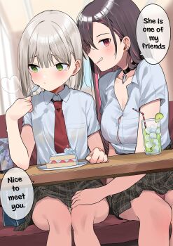 2girls blush breasts button_gap cake choker cleavage collared_shirt cup diner drink drinking_glass drinking_straw ear_piercing eating english_text food fork hand_on_another's_thigh highres holding holding_fork looking_to_the_side mole mole_under_eye motto_notto multiple_girls necktie original piercing plaid_clothes plaid_skirt red_necktie school_uniform shirt short_sleeves sitting skirt speech_bubble table thighs under_table yuri