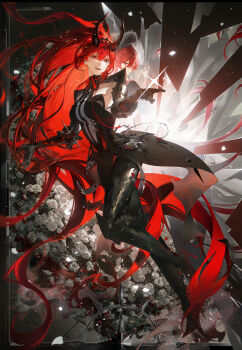 1girl armor black_boots black_gloves black_leotard black_pantyhose boots breasts broken_glass earrings eyelashes flower full_body gauntlets glass gloves hair_between_eyes hair_ornament hanano2548 highres horns jewelry leotard light_particles lips long_hair looking_at_viewer original pantyhose parted_lips red_eyes red_hair red_horns red_lips rose shoulder_armor sideboob sidelocks solo teeth tiara very_long_hair white_flower white_rose