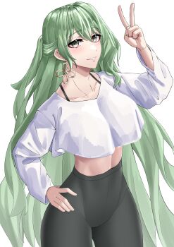 1girl absurdres black_pants breasts collarbone commentary_request earrings green_hair highres honkai_(series) honkai_impact_3rd jewelry korean_commentary large_breasts long_hair looking_at_viewer midriff mobius_(honkai_impact) pants pyeong_il shirt simple_background solo tight_clothes tight_pants v very_long_hair white_background white_shirt yoga_pants