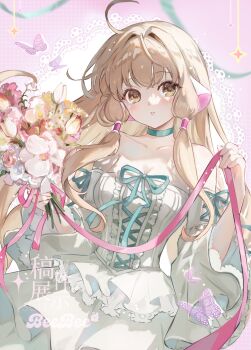Rule 34 | 1girl, absurdres, ahoge, bare shoulders, beebee1120, blonde hair, blue choker, bouquet, breasts, chii, chobits, choker, cleavage, collarbone, commentary, cowboy shot, detached sleeves, dress, flower, highres, holding, holding bouquet, large breasts, long hair, long sleeves, looking at viewer, parted lips, pink ribbon, ribbon, robot ears, solo, strapless, strapless dress, untranslatable commentary, white dress, white sleeves, yellow eyes