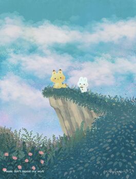 animal_focus artist_name ayu_(mog) closed_mouth cloud cloudy_sky commentary commentary_request day english_commentary flower fox grass highres mixed-language_commentary no_humans original outdoors pink_flower rabbit romaji_commentary scenery sky smile solid_circle_eyes twitter_username watermark