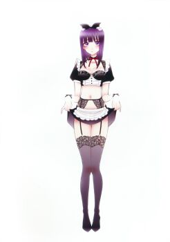 1girl black_ribbon black_shoes black_skirt blush breasts clothes_lift cosplay fukuda_shinichi full_body garter_straps hair_ornament hair_ribbon high_heels highres kitagawa_marin kuroe_shizuku kuroe_shizuku_(cosplay) lifting_own_clothes lingerie long_hair looking_at_viewer maid medium_breasts medium_hair neck_ribbon official_art puffy_short_sleeves puffy_sleeves purple_eyes purple_hair red_ribbon ribbon shoes short_sleeves simple_background skirt skirt_lift sono_bisque_doll_wa_koi_wo_suru standing thighhighs unconventional_maid underwear white_background wrist_cuffs wrist_ribbon