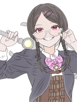 Rule 34 | 1girl, :d, adjusting eyewear, assault lily, belt, belt buckle, black bow, black jacket, blush, bow, bowtie, braid, brown belt, brown hair, buckle, collared shirt, commentary request, corset, glasses, grey-framed eyewear, grin, hair bow, hair ornament, hairclip, hands up, highres, holding, holding behind back, holding sword, holding sword behind back, holding weapon, holding weapon behind back, jacket, jewelry, long hair, long sleeves, looking at viewer, low twin braids, low twintails, ludvico private girls' academy school uniform, matsunaga brigitta kayo, multiple belts, necklace, open clothes, open jacket, open mouth, parallel hairclips, parted bangs, pendant, pickles (picpicpickles), pink bow, pink bowtie, red eyes, school uniform, shirt, simple background, smile, solo, sword, twin braids, twintails, upper body, weapon, white background, white shirt