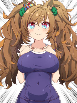 Rule 34 | 1girl, animal ears, blast onepiece (umamusume), blue eyes, blue one-piece swimsuit, braid, breasts, bright pupils, brown hair, commentary request, covered navel, gloves, highres, hiro (pqtks113), horse ears, horse girl, large breasts, long hair, one-piece swimsuit, single braid, solo, swimsuit, tracen swimsuit, twintails, umamusume, white gloves, white pupils