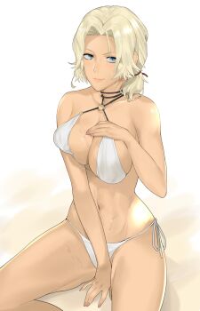 1girl bikini blonde_hair blue_eyes breasts catherine_(fire_emblem) dark-skinned_female dark_skin female_focus fire_emblem fire_emblem:_three_houses hair_ribbon highres j@ck long_hair looking_at_viewer medium_breasts navel nintendo ribbon simple_background smile solo swimsuit