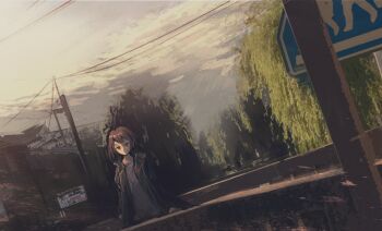 1girl black_jacket brown_hair closed_mouth cloud cloudy_sky commentary cropped_legs day dutch_angle eliot_(eokaitekaite969) expressionless grey_eyes grey_shirt highres jacket looking_at_viewer open_clothes open_jacket original outdoors power_lines scenery shirt short_hair sky standing tree utility_pole