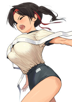 1girl black_hair blue_buruma blush breasts buruma closed_eyes commentary_request gaki_kyonyuu gym_shirt gym_uniform headband highres kaedeko_(kaedelic) large_breasts open_mouth oppai_loli red_headband sasaki_kanna shirt short_hair short_sleeves simple_background solo teeth thighs twintails upper_teeth_only white_background white_shirt