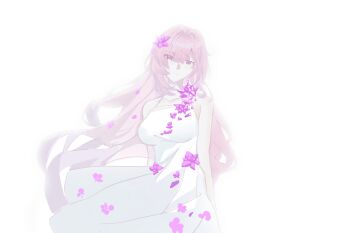 1girl bare_shoulders breasts chinese_commentary commentary_request crystal_flower dress elysia_(herrscher_of_human:_ego)_(honkai_impact) elysia_(honkai_impact) falling_petals highres honkai_(series) honkai_impact_3rd large_breasts lingyu64182 long_hair looking_at_viewer petals pink_hair purple_eyes simple_background solo very_long_hair white_background white_dress