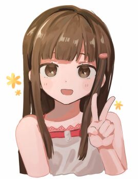 1girl bare_arms bare_shoulders blunt_bangs blush brown_eyes brown_hair commentary_request doujima_nanako dress hair_ornament hairclip huksan0615 long_hair looking_at_viewer open_mouth persona persona_4 sidelocks simple_background solo straight-on upper_body v white_background white_dress