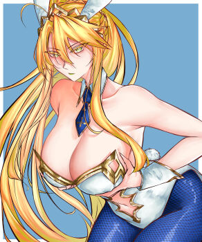 Rule 34 | 1girl, absurdres, ahoge, animal ear hairband, animal ears, artoria pendragon (fate), artoria pendragon (lancer) (fate), artoria pendragon (swimsuit ruler) (fate), artoria pendragon (swimsuit ruler) (first ascension) (fate), bare shoulders, blonde hair, blue background, blue necktie, blue pantyhose, border, braid, braided bun, breast lift, breasts, cleavage, clothing cutout, collarbone, commentary, crown, detached collar, double-parted bangs, english commentary, fake animal ears, fake tail, fate/grand order, fate (series), fishnet pantyhose, fishnets, green eyes, green lips, hair between eyes, hair bun, hairband, highleg, highleg leotard, highres, large breasts, leotard, long hair, moren eh, nape braid, navel, navel cutout, necktie, pantyhose, playboy bunny, ponytail, ponytail with braided base, rabbit ear hairband, rabbit ears, rabbit tail, short necktie, simple background, solo, strapless, strapless leotard, tail, upper body, very long hair, white border, white leotard, white wrist cuffs, wrist cuffs