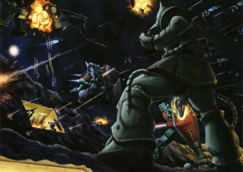 1980s_(style) a_baoa_qu artist_request assault_visor asteroid battle beam_rifle blue_visor cable damaged debris earth_federation_space_forces energy_gun energy_sword explosion firing fleet gelgoog gm_(mobile_suit) gun gundam gundam_perfect_file hangar hatch highres holding holding_gun holding_weapon machine_gun machinery magazine_scan male_focus mecha mecha_focus mobile_suit mobile_suit_gundam official_art oldschool painting_(medium) realistic retro_artstyle robot scan scene_reference science_fiction shield shoulder_spikes space spacecraft spikes sword traditional_media weapon zaku_ii zeon