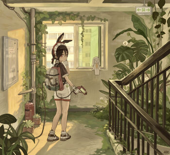 1girl absurdres animal_ears backlighting backpack bag banana_tree bare_legs blurry braid brown_eyes brown_hair closed_mouth commentary_request daisy_(flower) depth_of_field double-parted_bangs exit_sign fire_extinguisher flower from_side full_body gloves hair_ribbon hairband highres indoors kouroul looking_at_viewer looking_back monstera_deliciosa moss original plant pothos_(plant) potted_plant rabbit_ears ribbon shoes short_sleeves signature sneakers solo stairs stairwell standing stuffed_animal stuffed_toy succulent_plant sunlight window