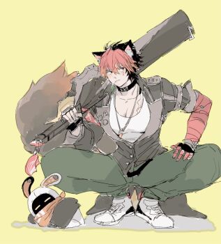 1boy animal_ear_fluff animal_ear_piercing animal_ears bandaged_arm bandages bangboo_(zenless_zone_zero) black_gloves black_hair black_jacket collar collarbone commentary_request dog_boy dog_ears dog_tail eous_(zenless_zone_zero) fingerless_gloves full_body gloves green_pants hair_between_eyes highres holding holding_sword holding_weapon jacket komano_manato leaf_in_mouth looking_to_the_side male_focus multicolored_hair multiple_scars muscular muscular_male over_shoulder pants pectorals red_bandage red_hair scar scar_across_eye scar_on_chest scar_on_face shirt shoes short_hair sneakers spiked_jacket spread_legs squatting sword tail tdsntk weapon weapon_over_shoulder white_shirt white_shoes yellow_background zenless_zone_zero