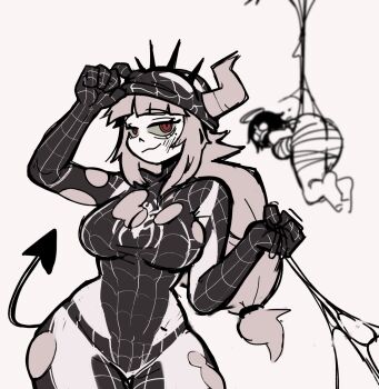 2girls aisan azazel_(helltaker) bdsm bondage bound helltaker highres horns lucifer_(helltaker) multiple_girls red_eyes silk spider_web suspension tail