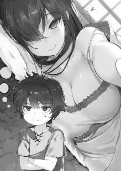 1boy 1girl age_regression aged_down bare_shoulders blush breasts camisole child claudia_eura cleavage closed_mouth collarbone crossed_arms greyscale guilford_reeves hair_between_eyes hair_over_one_eye heart highres indoors jitome kanzen_muken_no_shinjin_majutsusei large_breasts long_bangs long_hair looking_at_viewer lying monochrome nauribon non-web_source novel_illustration official_art on_side shirt short_hair short_sleeves smile strap_slip tsurime upper_body wavy_mouth window