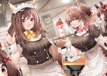 6+girls animal_ears apron black_shirt black_skirt blue_eyes blush bow bowtie brown_eyes brown_hair buena_vista_(umamusume) closed_eyes closed_mouth commentary_request dantsu_flame_(umamusume) ear_covers food frilled_apron frilled_sleeves frills gentildonna_(umamusume) gran_alegria_(umamusume) grey_hair hair_ornament highres hishi_miracle_(umamusume) holding holding_tray horse_ears horse_girl indoors long_hair looking_at_viewer medium_hair multicolored_hair multiple_girls oguri_cap_(umamusume) open_mouth parfait pink_bow pink_bowtie puffy_short_sleeves puffy_sleeves purple_eyes red_eyes red_hayao restaurant shirt short_sleeves skirt smile strawberry_parfait streaked_hair tray umamusume v waist_apron white_apron white_headdress white_streaks white_wrist_cuffs wrist_cuffs x_hair_ornament yellow_bow yellow_bowtie