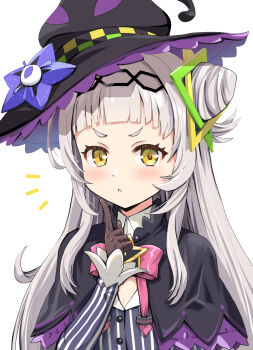 1girl arched_bangs black_capelet black_gloves black_hat blush bow bowtie brooch capelet commentary_request cone_hair_bun finger_to_own_chin gloves grey_hair grey_shirt hair_bun hairband haniwa_(leaf_garden) hat hexagram_hair_ornament highres hololive index_finger_raised jewelry layered_capelet long_hair long_sidelocks long_sleeves looking_at_viewer murasaki_shion murasaki_shion_(1st_costume) notice_lines pink_bow pink_bowtie purple_capelet shirt short_eyebrows side_up_bun sidelocks simple_background single_side_bun solo star_brooch striped_clothes striped_shirt surprised tilted_headwear upper_body v-shaped_eyebrows vertical-striped_clothes vertical-striped_shirt virtual_youtuber white_background witch witch_hat