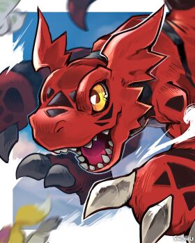 Rule 34 | digimon, digimon (creature), digimon tamers, dinosaur, dragon, guilmon, highres, no humans, renamon, sharp teeth, sinobali, solo focus, teeth, terriermon