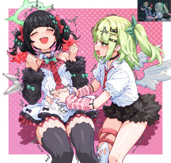 Rule 34 | 2girls, anger vein, arm warmers, bakasp-lilzy, bandaid, bandaid hair ornament, bare shoulders, black choker, black hair, black skirt, blush, border, bow, choker, clenched hands, closed eyes, clothing cutout, collarbone, colored inner hair, commentary, detached sleeves, dotted background, dress, english commentary, fur-trimmed skirt, fur-trimmed sleeves, fur trim, game screenshot inset, green bow, green eyes, green hair, green halo, hair bow, hair ornament, halo, heart, heart hair ornament, highres, looking at another, multicolored hair, multiple girls, multiple hair bows, multiple hair clips, nangong yu, navel cutout, necktie, open mouth, pink arm warmers, pink background, ponytail, red necktie, reference inset, screenshot inset, shirt, short twintails, skirt, sleeve bow, striped arm warmers, sunna (zenless zone zero), sweat, tickling, tickling stomach, trembling, twintails, white border, white dress, white shirt, white wings, wings, zenless zone zero