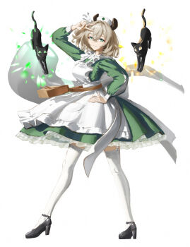 1girl animal_ears apron bishoujo_senshi_sailor_moon black_cat black_shoes cat commentary contrast_collar dress english_commentary green_dress green_eyes hand_on_own_hip hat high_heels highres indie_virtual_youtuber legs_apart long_sleeves looking_at_viewer nimi_nightmare nimi_nightmare_(1st_costume) nurse nurse_cap pumps round_collar rounded_collar sailor_moon_pose shoes sleeve_slit tapir_ears tapir_girl thighhighs v v_over_head virtual_youtuber white_apron white_thighhighs yokasparetime