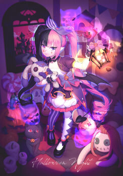 1girl absurdres arm_up bad_id bad_pixiv_id black_bow black_dress black_hair black_jacket black_shoes black_wings bow candy cat collarbone commentary_request demon_girl demon_tail dress drill_hair facial_mark fang food frilled_dress frills full_body ghost hairband halloween heart heart_in_eye heart_tail highres holding huge_filesize hugging_doll hugging_object jack-o&#039;-lantern jacket lamp lemonpear lollipop long_hair looking_at_viewer low_wings mary_janes multicolored_hair original painting_(object) pantyhose pink_bow pink_eyes pink_hair pink_hairband puffy_short_sleeves puffy_sleeves pumpkin purple_eyes purple_legwear shoes short_sleeves shrug_(clothing) skull smile solo split-color_hair star_(symbol) striped_clothes striped_legwear striped_pantyhose stuffed_animal stuffed_rabbit stuffed_toy symbol_in_eye tail teardrop teddy_bear trick_or_treat twin_drills twintails two-tone_hair two-tone_legwear vertical-striped_clothes vertical-striped_pantyhose white_legwear wings wrist_cuffs