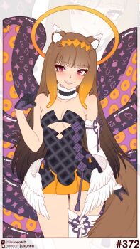 1girl absurdres animal_ear_fluff animal_ears bare_shoulders black_gloves blush breasts brown_hair cleavage clenched_teeth commentary cosplay detached_sleeves english_commentary gloves grin halo highres holo hololive hololive_english likunea long_hair looking_at_viewer medium_breasts ninomae_ina'nis ninomae_ina'nis_(1st_costume) ninomae_ina'nis_(cosplay) orange_halo patreon_logo patreon_username red_eyes single_detached_sleeve smile solo spice_and_wolf tail teeth tentacles thigh_gap thighs twitter_username twitter_x_logo white_sleeves white_wings wings wolf_ears wolf_girl wolf_tail zoom_layer