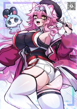 1girl :3 animal_ears ascot ass beret black_garter_straps black_hat blue_background blush breasts chattino_(raora_panthera) coat commentary english_commentary eyeshadow fangs fingernails garter_straps goggles goggles_on_head hair_between_eyes hair_intakes hat highres holding holding_stylus hololive hololive_english large_breasts long_hair long_sleeves makeup multicolored_hair open_clothes open_coat open_mouth osiimi panther_ears panther_girl panther_tail pink_coat pink_eyeshadow pink_hair pink_tail qr_code raora_panthera raora_panthera_(1st_costume) shirt shorts single_garter_strap smile streaked_hair stylus tail teeth thigh_strap thighhighs thighs twisted_torso underbust upper_teeth_only virtual_youtuber white_ascot white_background white_hair white_shirt white_shorts white_thighhighs yellow_eyes