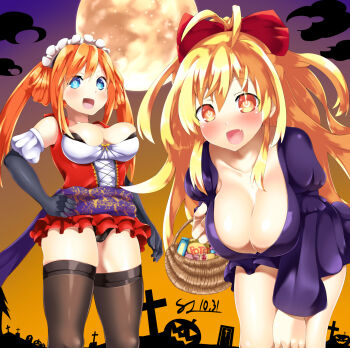2girls :d bent_over black_gloves black_legwear black_panties blonde_hair blue_eyes blush bow breasts cleavage dated dress elbow_gloves fang food full_moon gloves hair_between_eyes hair_bow hair_rings halloween halloween_costume happy highres kurozero large_breasts long_hair looking_at_viewer maid_headdress medium_breasts moon multiple_girls neptune_(series) open_mouth orange_eyes orange_hair orange_heart_(neptunia) outdoors panties power_symbol power_symbol-shaped_pupils pumpkin purple_dress red_bow red_dress revealing_clothes shin_jigen_game_neptune_vii short_dress skindentation sleeveless sleeveless_dress smile sweets symbol-shaped_pupils thighhighs tombstone twintails underwear upskirt very_long_hair yellow_eyes yellow_heart_(neptunia)