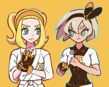 2girls aru3kare bea_(pokemon) black_hairband black_shirt blonde_hair blue_eyes bodysuit bodysuit_under_clothes bow_hairband closed_mouth collared_shirt commentary_request eye_contact eyelashes fingerless_gloves freckles gloves hair_between_eyes hairband jacket josee_(pokemon) looking_at_another looking_to_the_side multiple_girls nintendo orange_background orange_hairband pokemon pokemon_legends:_z-a pokemon_swsh print_shirt shirt shorts sidelocks simple_background tied_shirt upper_body white_jacket white_shirt