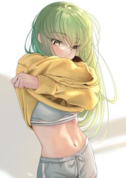 1girl absurdres blush breasts budgiepon c.c. clothes_lift code_geass commentary covered_mouth cowboy_shot crossed_arms crossed_bangs dolphin_shorts english_commentary eyelashes eyes_visible_through_hair green_hair grey_shorts hair_between_eyes hands_up highres lifting_own_clothes long_hair looking_at_viewer medium_breasts midriff navel nose scar scar_on_stomach shorts sidelighting signature simple_background solo sports_bra stomach straight_hair sweater sweater_lift very_long_hair white_background yellow_eyes yellow_sweater