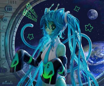 1girl alien animal_ears antennae aqua_hair black_sclera cat_ears colored_sclera colored_skin commentary detached_sleeves earth_(planet) fake_text galaxy glorpi_miku_(dyarikku) green_eyes green_skin hatsune_miku highres illusolis leotard long_hair necktie planet sleeves_past_wrists solo space spacecraft_interior star_(sky) star_(symbol) symbol-only_commentary tail twintails vocaloid