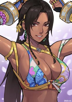 1girl absurdres animal_print black_hair bra braid breasts brown_eyes butterfly_print dark-skinned_female dark_skin highres lightsosis long_hair looking_at_viewer miary_zo multicolored_bra print_bra smile solo teeth tekken tekken_8 twin_braids underwear upper_body yellow_nails