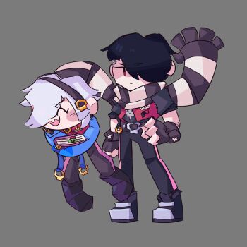 1boy 1girl animated animated_gif arm_belt belt black_hair book choker clenched_hand closed_mouth collared_shirt flat_chest gloves grey_background hair_over_one_eye hairband happy headband holding lock long_sleeves medium_hair open_mouth padlock padlocked_collar past red_eyes scarf serious sharp_teeth shirt short_hair sleeves_past_wrists smile swing teeth white_hair