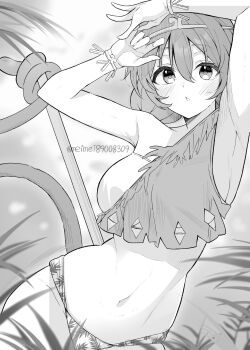 1girl absurdres adapted_costume armpits blush bo_staff breasts circlet clothing_request commentary_request greyscale highres looking_at_viewer meimei_(meimei89008309) midriff monkey_girl monkey_tail monochrome navel open_mouth prehensile_tail solo son_biten tail touhou twitter_username