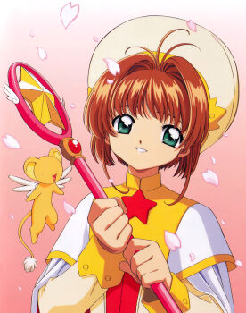 1990s_(style) 1girl absurdres antenna_hair brown_hair cardcaptor_sakura child clamp female_focus gradient_background green_eyes grin hair_intakes hat highres holding hoshi_no_tsue kero_(cardcaptor_sakura) kinomoto_sakura kinomoto_sakura_(night_star) long_sleeves magical_girl official_art open_mouth pink_background retro_artstyle short_hair smile solo two-handed wand yellow_hat