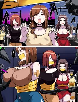 6+girls arms_behind_back black_hair blush breasts brown_hair choker cleavage collar covered_erect_nipples dress drooling gag gagged grabbing_another's_breast groping hair_over_one_eye highres huge_breasts improvised_gag jewelry large_breasts legs long_hair looking_at_viewer low-tied_long_hair mole mole_under_eye multiple_girls necklace off_shoulder open_mouth original outdoors pale_skin pearl_necklace pink_eyes rebake red_dress red_eyes red_hair restrained saliva sequential sky slave standing syringe tape tape_gag thighs torn_clothes zombie