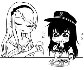 Rule 34 | + +, 2girls, akatsuki (kancolle), anchor symbol, bow, clenched hand, daifuku (usagi pie), eating, closed eyes, flat cap, flying sweatdrops, food, food on face, greyscale, hairband, hat, japanese flag, kantai collection, mini flag, monochrome, multiple girls, okosama lunch, open mouth, sagiri (kancolle), school uniform, serafuku, shrimp, shrimp tempura, smile, tempura