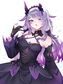 1girl absurdres bare_shoulders black_dress black_gloves breasts broken_heart chest_jewel cowboy_shot dress gloves heart highres hololive hololive_english koseki_bijou long_hair purple_eyes purple_hair pwequu small_breasts solo virtual_youtuber