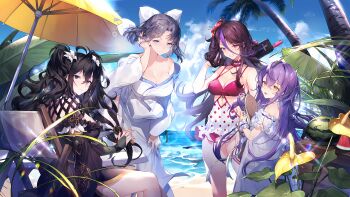 4girls absurdres beach benghuai_xueyuan black_dress black_hair blue_eyes bow dress fubuki_(senran_kagura) hair_bow highres honkai_(series) houraiji_kyuushou long_hair marvelous mihoyo multiple_girls ocean official_art parasol polka_dot purple_hair senran_kagura short_hair sirin_(benghuai_xueyuan) sitting smile summer swimsuit third-party_source twintails umbrella white_bow white_dress yellow_eyes yumi_(senran_kagura)