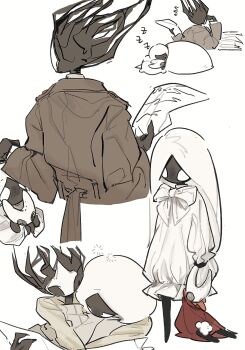 1girl 1other alternate_hairstyle arthropod_girl black_skin bow bowtie brown_jacket character_doll colored_skin doll dress highres holding holding_paper hollow_knight hollow_knight:_silksong hornet_(hollow_knight) hug hug_from_behind hugging_doll hugging_object jacket l0veanddispute lace_(hollow_knight) long_hair long_sleeves paper phantom_(hollow_knight) simple_background sleeping white_background white_bow white_bowtie white_dress white_eyes zzz