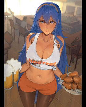 1girl :t absurdres alcohol alternate_breast_size alternate_costume artist_name bar_(place) bare_shoulders beer beer_mug blue_eyes blue_hair bone brand_of_the_exalt breasts chair checkered_floor chicken_(food) cleavage collarbone commentary commission crop_top cup dolphin_shorts english_commentary fire_emblem fire_emblem_awakening food highres holding holding_cup holding_plate hooters large_breasts lips long_hair lucina_(fire_emblem) matching_hair/eyes midriff mug navel nintendo orange_shorts pantyhose pillarboxed plate pout pplord revision short_shorts shorts solo standing stomach symbol_in_eye torn_clothes torn_pantyhose waitress