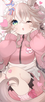 1girl absurdres alternate_costume animal_ears apron black_shorts blue_eyes blush bow breasts commentary_request ear_ornament frilled_apron frills grey_hair hair_between_eyes hair_ornament heart highres horse_ears horse_girl horse_tail jacket jersey_maid kurumiya_(krmy_p) leg_warmers long_hair long_sleeves looking_at_viewer loose_socks maid maid_apron maid_headdress medium_breasts multicolored_hair one_eye_closed open_mouth pink_bow pink_jacket pink_socks shorts sleeves_past_wrists socks solo streaked_hair tail track_jacket turtleneck turtleneck_jacket umamusume unconventional_maid waist_apron white_apron white_headdress wonder_acute_(umamusume)
