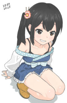 1girl absurdres alternate_costume andreypavlow arm_support black_hair blue_dress blush boots bra_strap brown_eyes collarbone commentary_request dated double-parted_bangs dress from_above hair_between_eyes hair_ornament highres k-on! long_hair looking_at_viewer nakano_azusa open_mouth shadow sidelocks simple_background smile solo squatting thighs twintails white_background yellow_boots