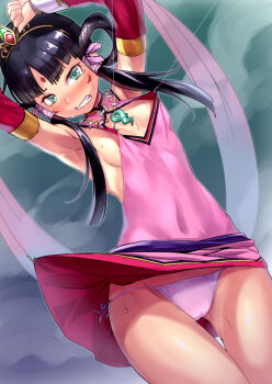 1girl ace_attorney arm_warmers armpits arms_up black_hair blush breasts cleavage_cutout clenched_teeth clothes_lift clothing_cutout covered_navel dress dress_lift facial_mark female_focus forehead_mark green_eyes hair_rings hook magatama misao_(kami_no_misoshiru) panties phoenix_wright:_ace_attorney_-_spirit_of_justice pink_panties rayfa_padma_khura'in shawl short_dress side-tie_panties sidelocks small_breasts solo standing sweat tears teeth tiara underwear
