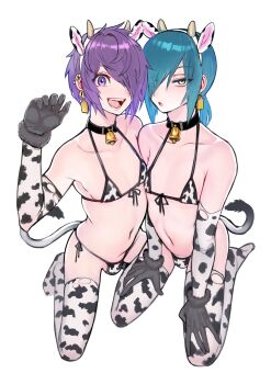 2boys 2n5 :d absurdres animal_ears animal_print bare_shoulders bell bikini blue_hair borrowed_character bulge collar commentary cow_ears cow_horns cow_print cow_tail crossdressing crossdressing_(mtf) ear_piercing ear_tag elbow_gloves gloves hair_over_one_eye highres horns iriya-kun kneeling long_hair looking_at_viewer male_focus micro_bikini mikel-kun multiple_boys multiple_traps navel neck_bell open_mouth original piercing ponytail purple_eyes purple_hair simple_background smile swimsuit symbol-only_commentary tail teeth thighhighs torn_clothes torn_gloves torn_thighhighs trap white_background yellow_eyes